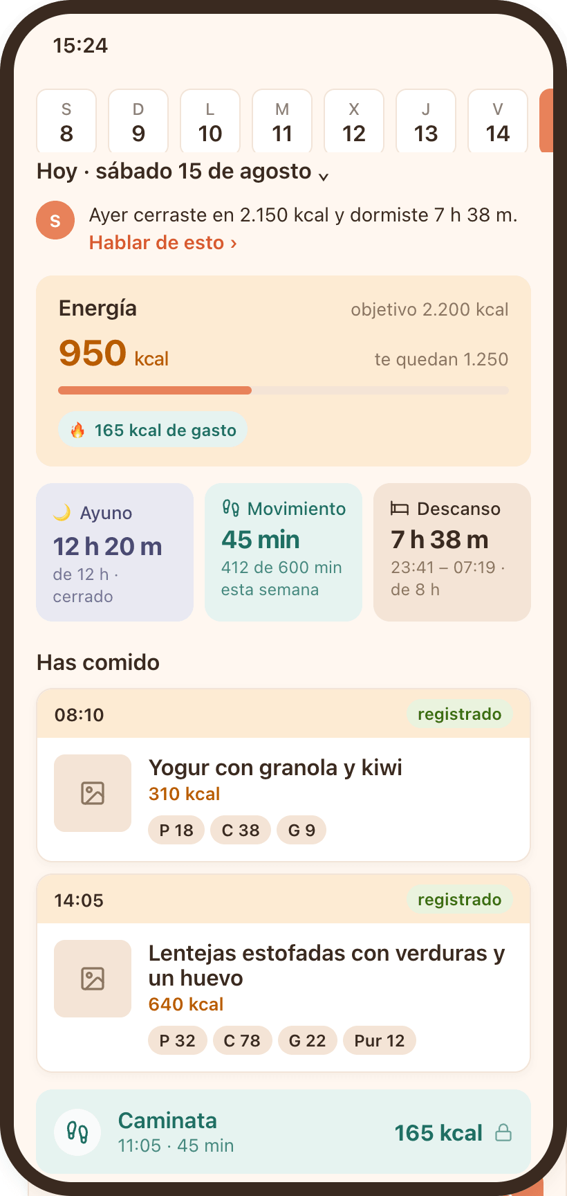 Pantalla Hoy de DietApp en un iPhone: 950 kcal de 2.200, quedan 1.250; ayuno de 12 h 20 m, 45 minutos de movimiento y 7 h 38 m de descanso; debajo, el yogur del desayuno (310 kcal) y las lentejas de la comida (640 kcal) con sus macros.